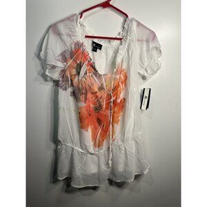 AB studio womens white floral short sleeve shirt blouse size medium